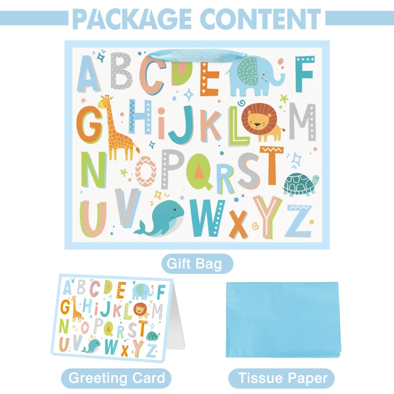 Laidans 13"" Large Baby Boy Gift Bag with Tissue Paper and Greeting Card for Baby Shower Birthday (ABC Alphabet Animal) - Image 3